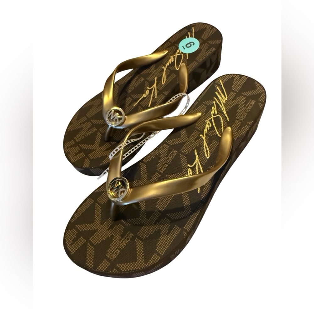 Michael Kors Metallic Gold Logo Thong Sandals with Monogram Footbed - NEW